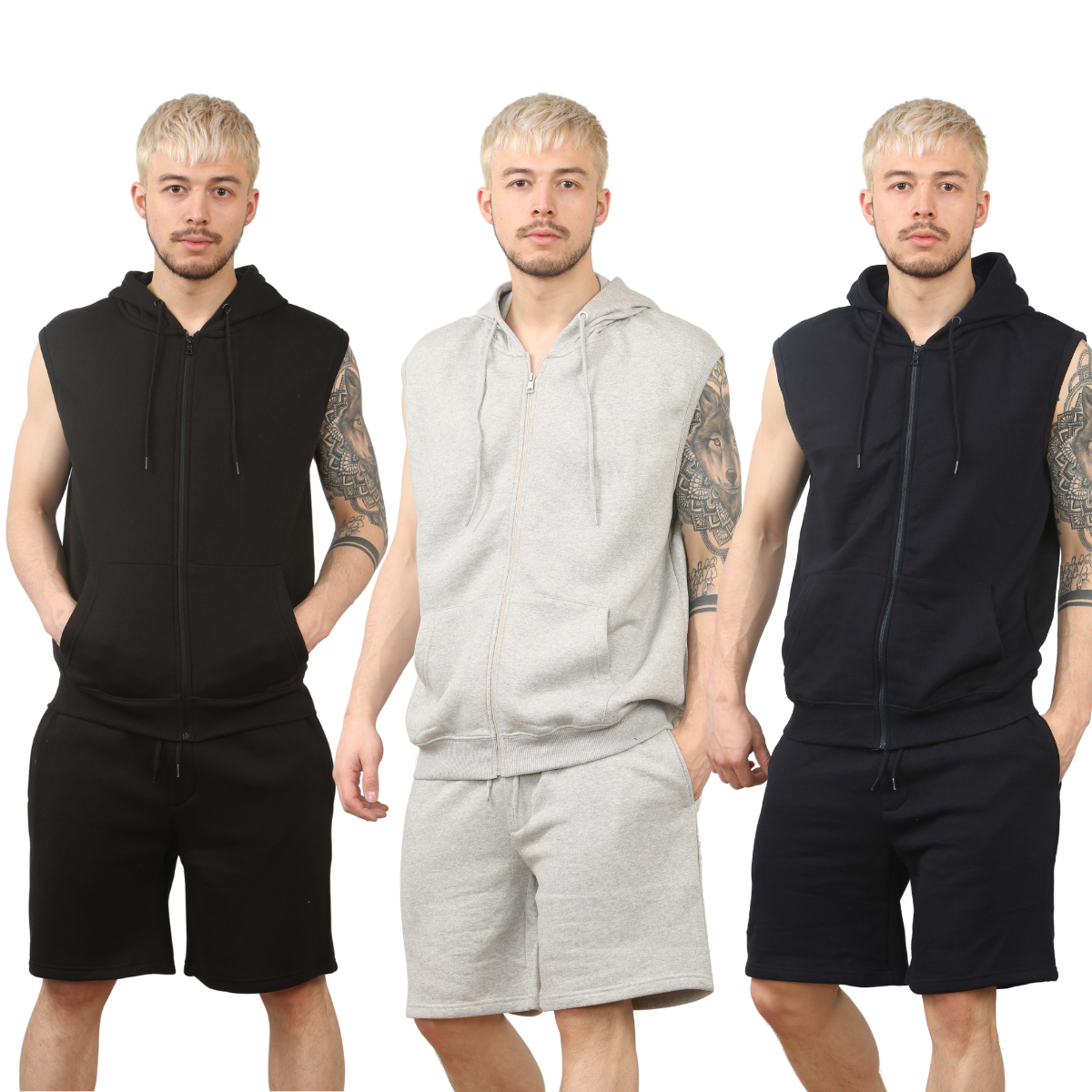 Sleeveless Zip Up Hoodie Short Fleece Set