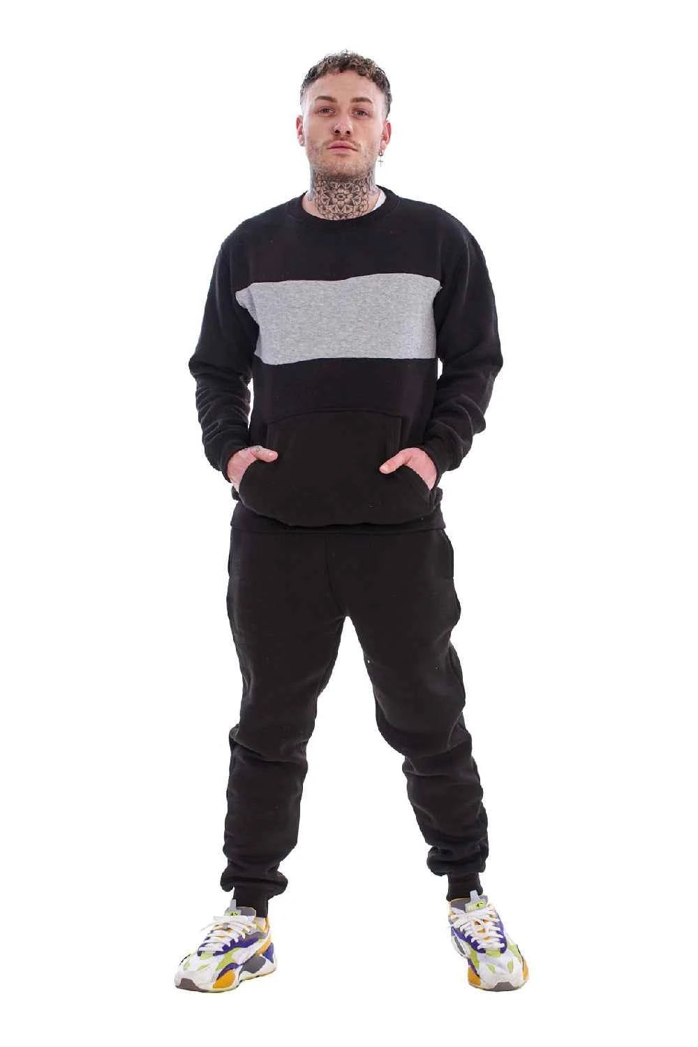 Men's Panelled Tracksuit Fleece Crew Neck Sweatshirt & Cotton Joggers