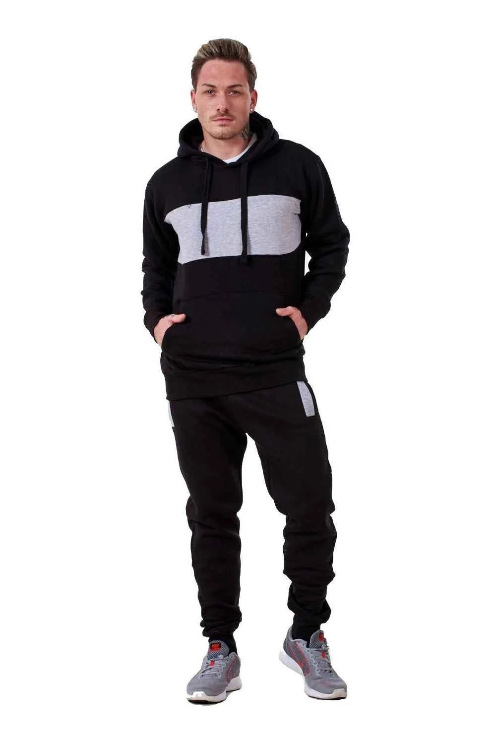 Mens Tracksuit Fleece Pullover Hooded Front Stripe