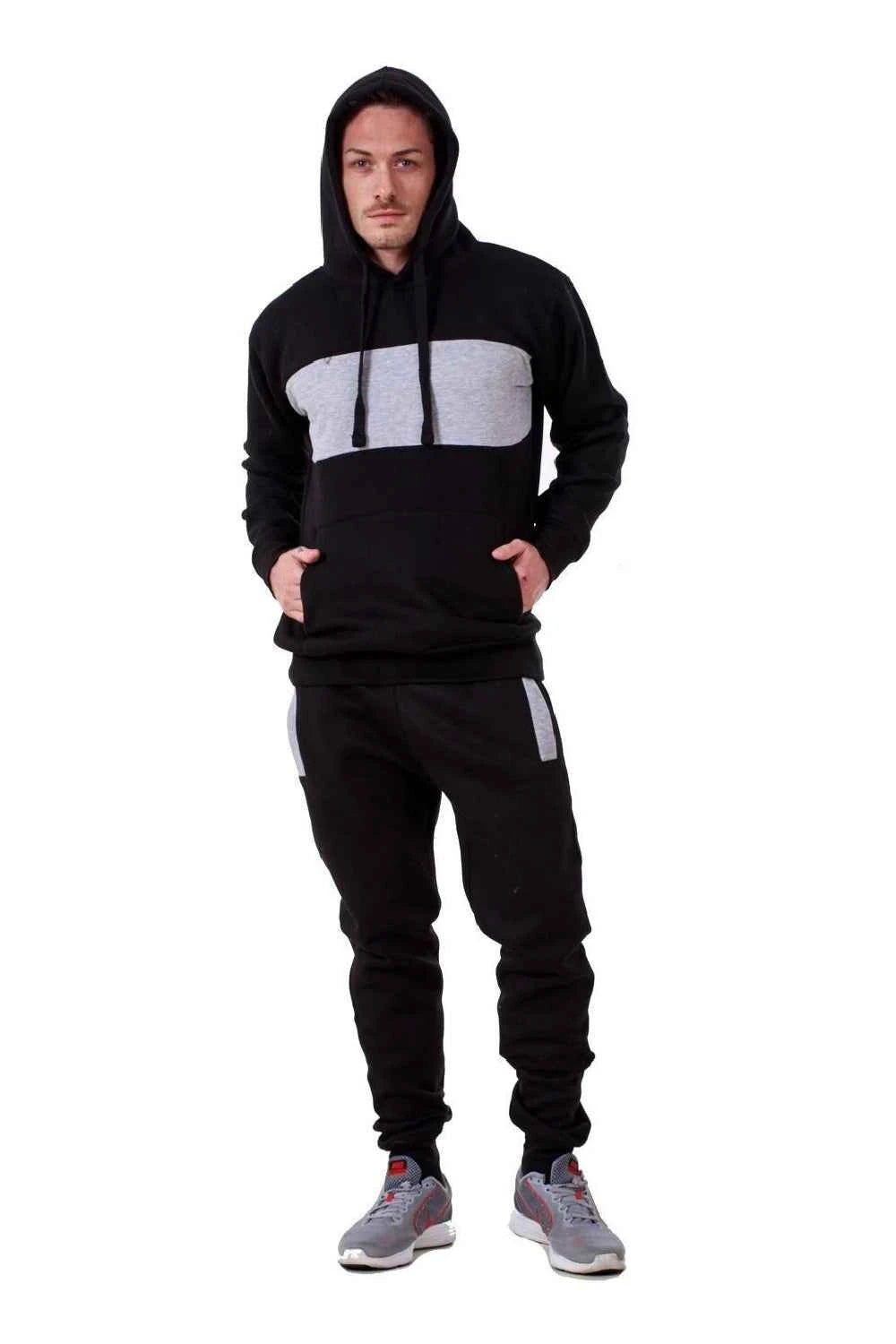 Mens Tracksuit Fleece Pullover Hooded Front Stripe