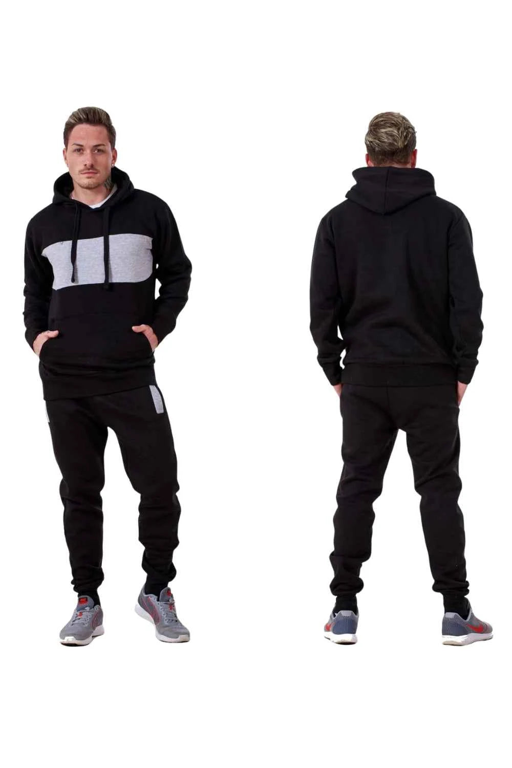 Mens Tracksuit Fleece Pullover Hooded Front Stripe