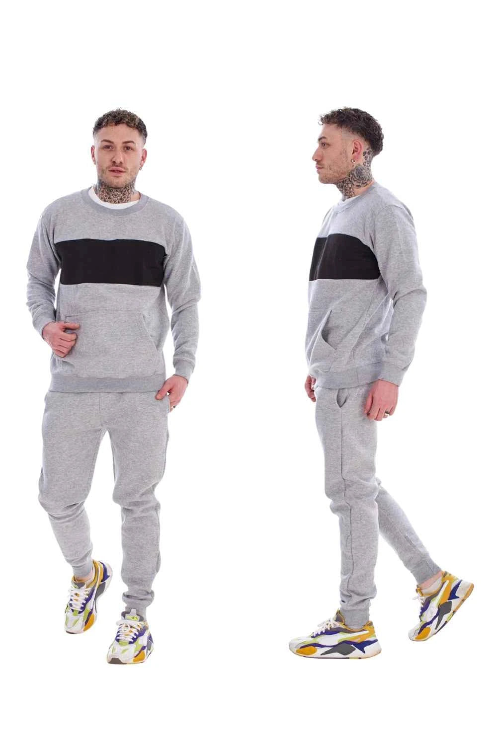 Men's Panelled Tracksuit Fleece Crew Neck Sweatshirt & Cotton Joggers