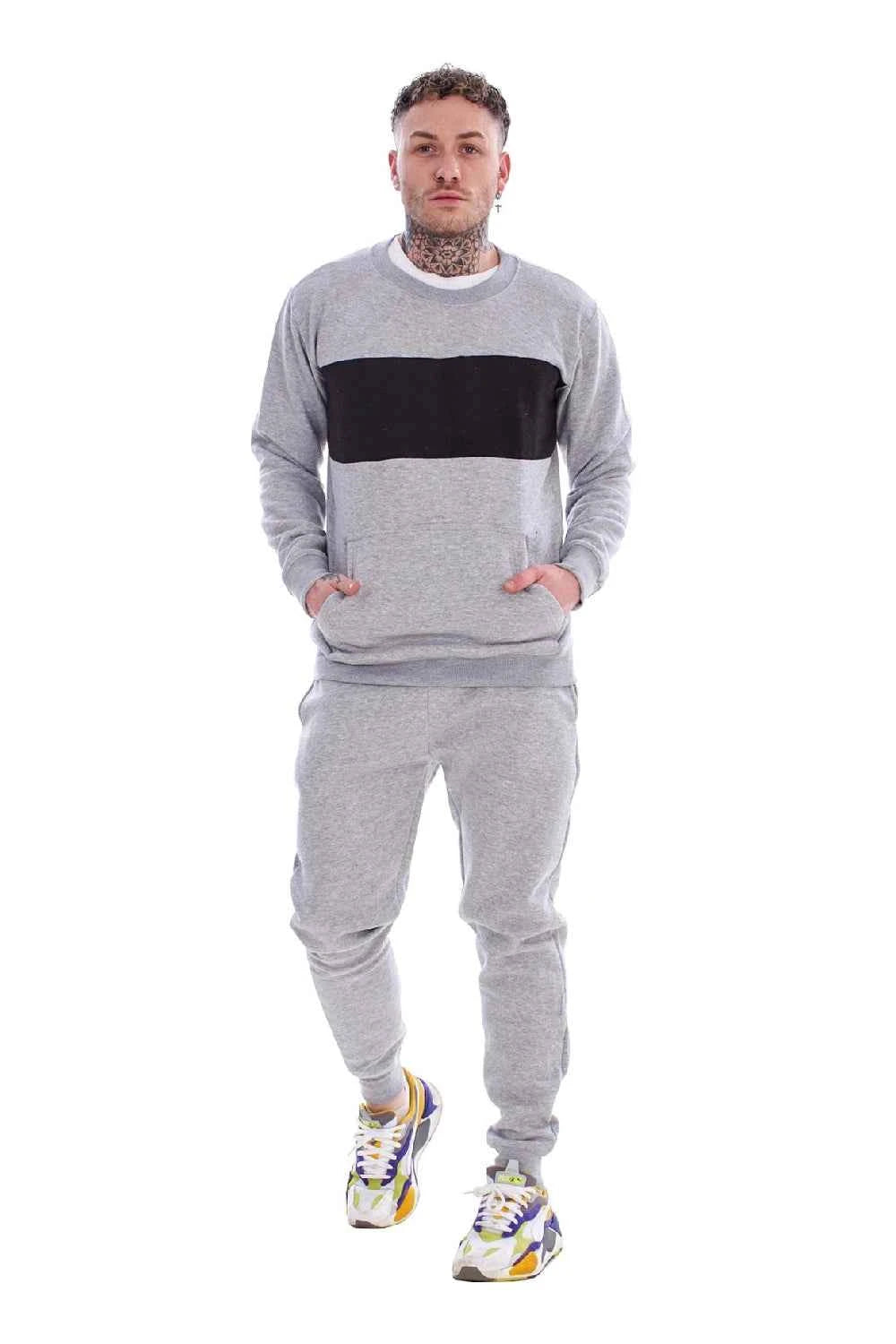Men's Panelled Tracksuit Fleece Crew Neck Sweatshirt & Cotton Joggers