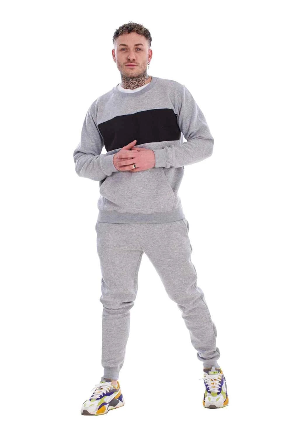 Men's Panelled Tracksuit Fleece Crew Neck Sweatshirt & Cotton Joggers
