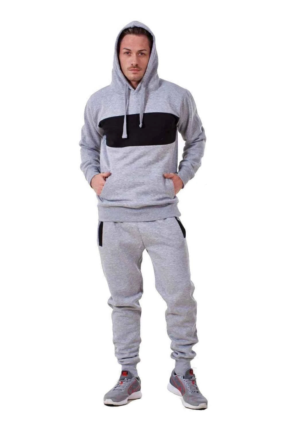 Mens Tracksuit Fleece Pullover Hooded Front Stripe