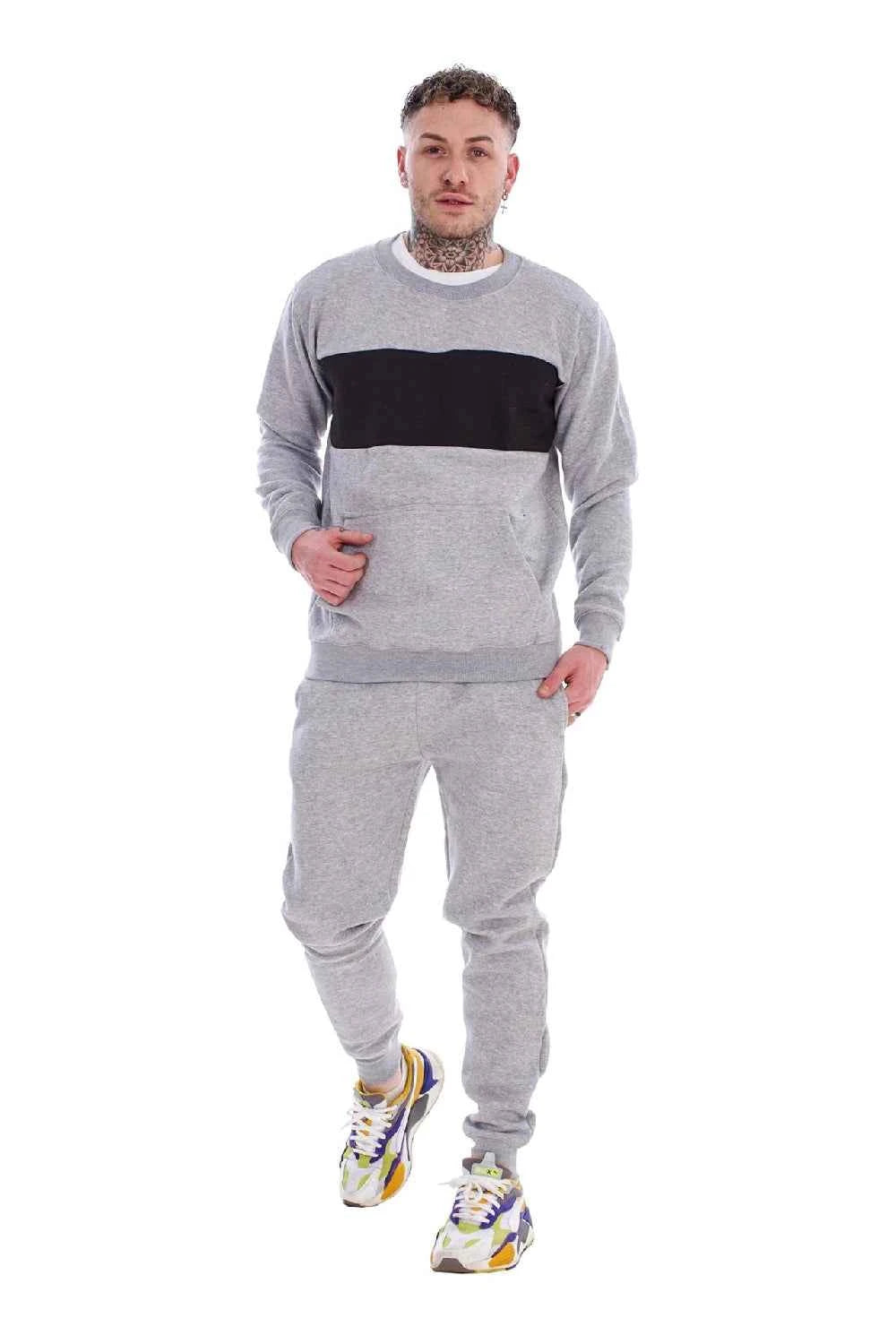 Men's Panelled Tracksuit Fleece Crew Neck Sweatshirt & Cotton Joggers