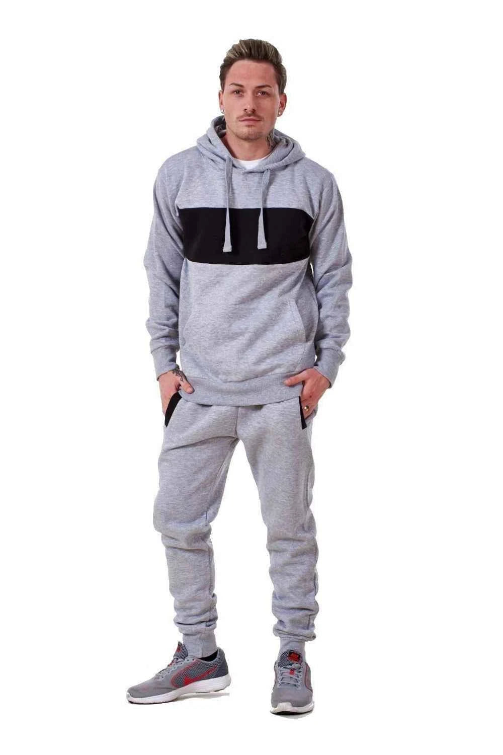 Mens Tracksuit Fleece Pullover Hooded Front Stripe