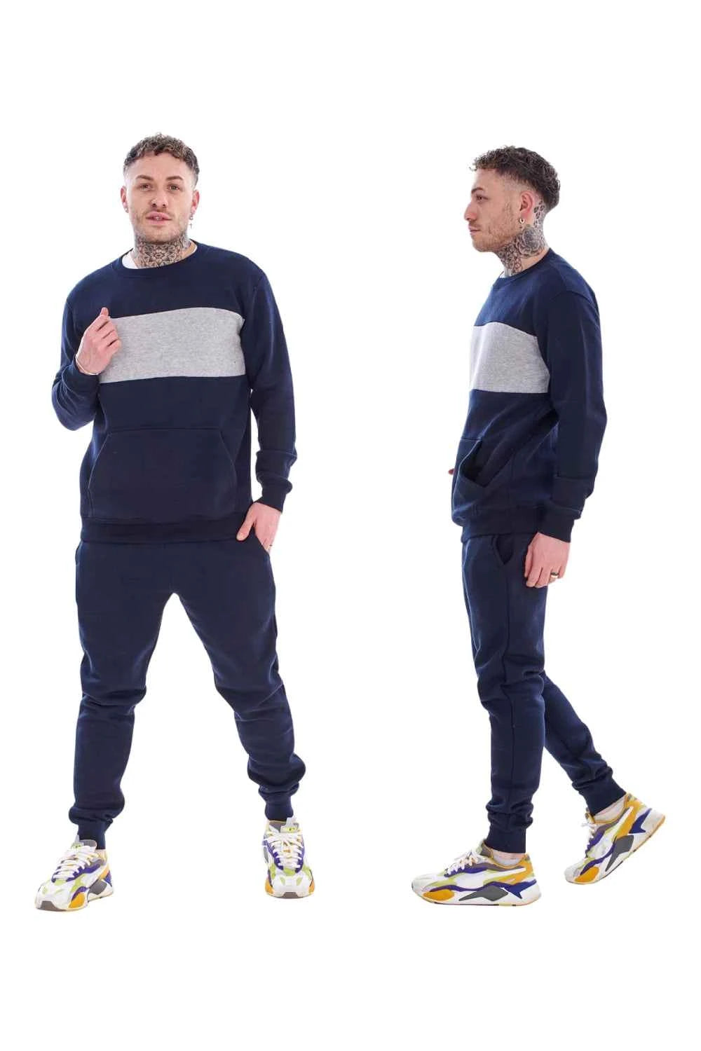 Men's Panelled Tracksuit Fleece Crew Neck Sweatshirt & Cotton Joggers