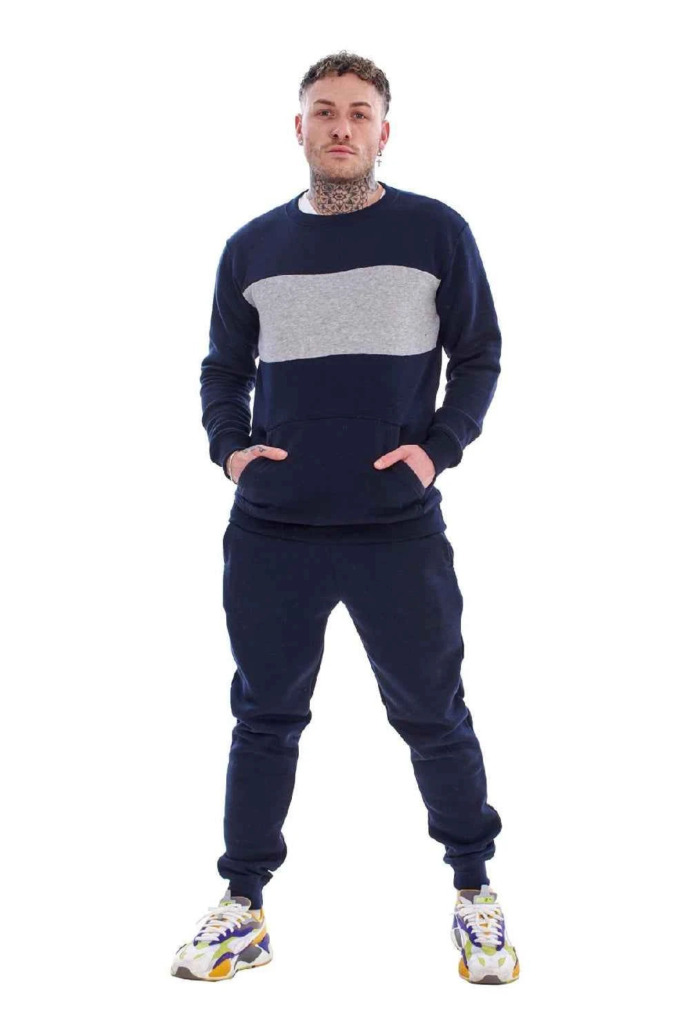Men's Panelled Tracksuit Fleece Crew Neck Sweatshirt & Cotton Joggers