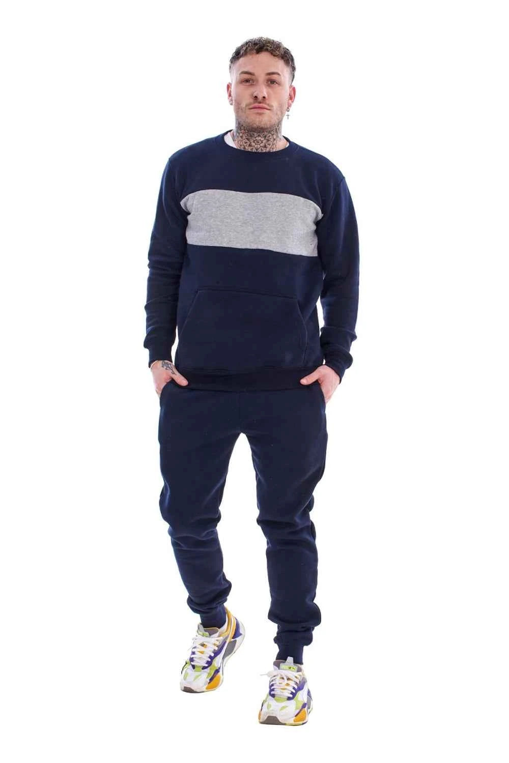 Men's Panelled Tracksuit Fleece Crew Neck Sweatshirt & Cotton Joggers