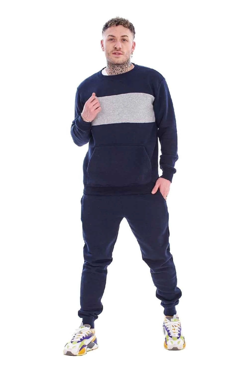 Men's Panelled Tracksuit Fleece Crew Neck Sweatshirt & Cotton Joggers