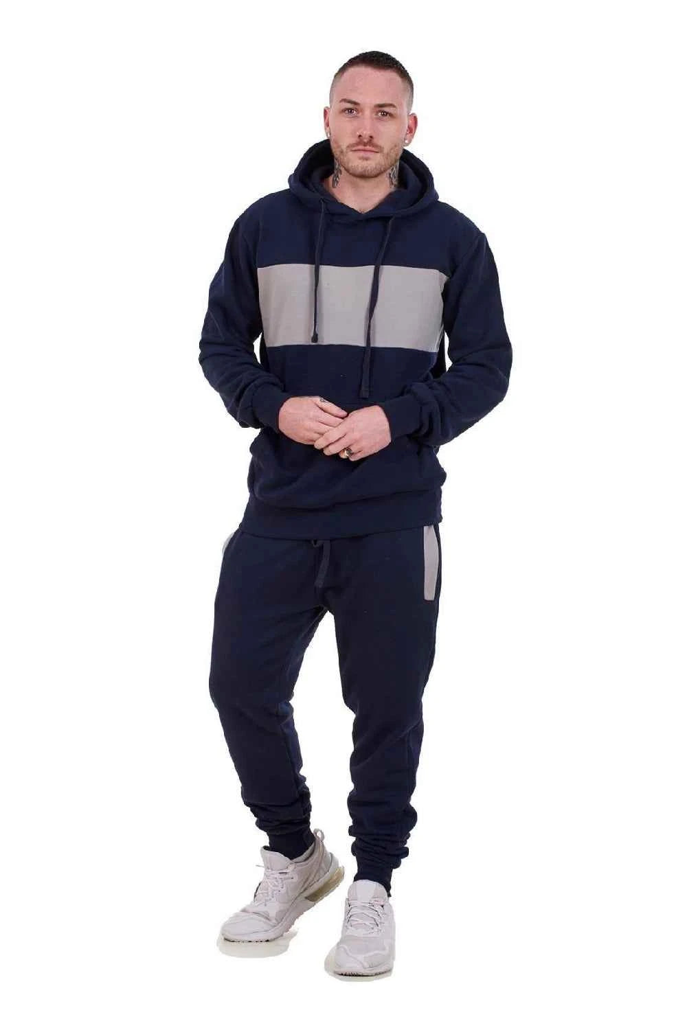 Mens Tracksuit Fleece Pullover Hooded Front Stripe
