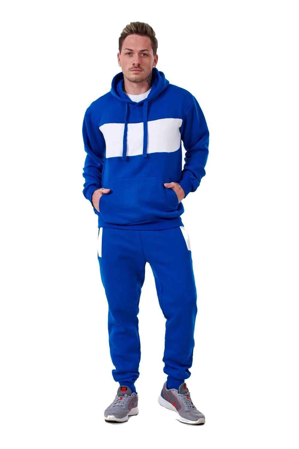 Mens Tracksuit Fleece Pullover Hooded Front Stripe