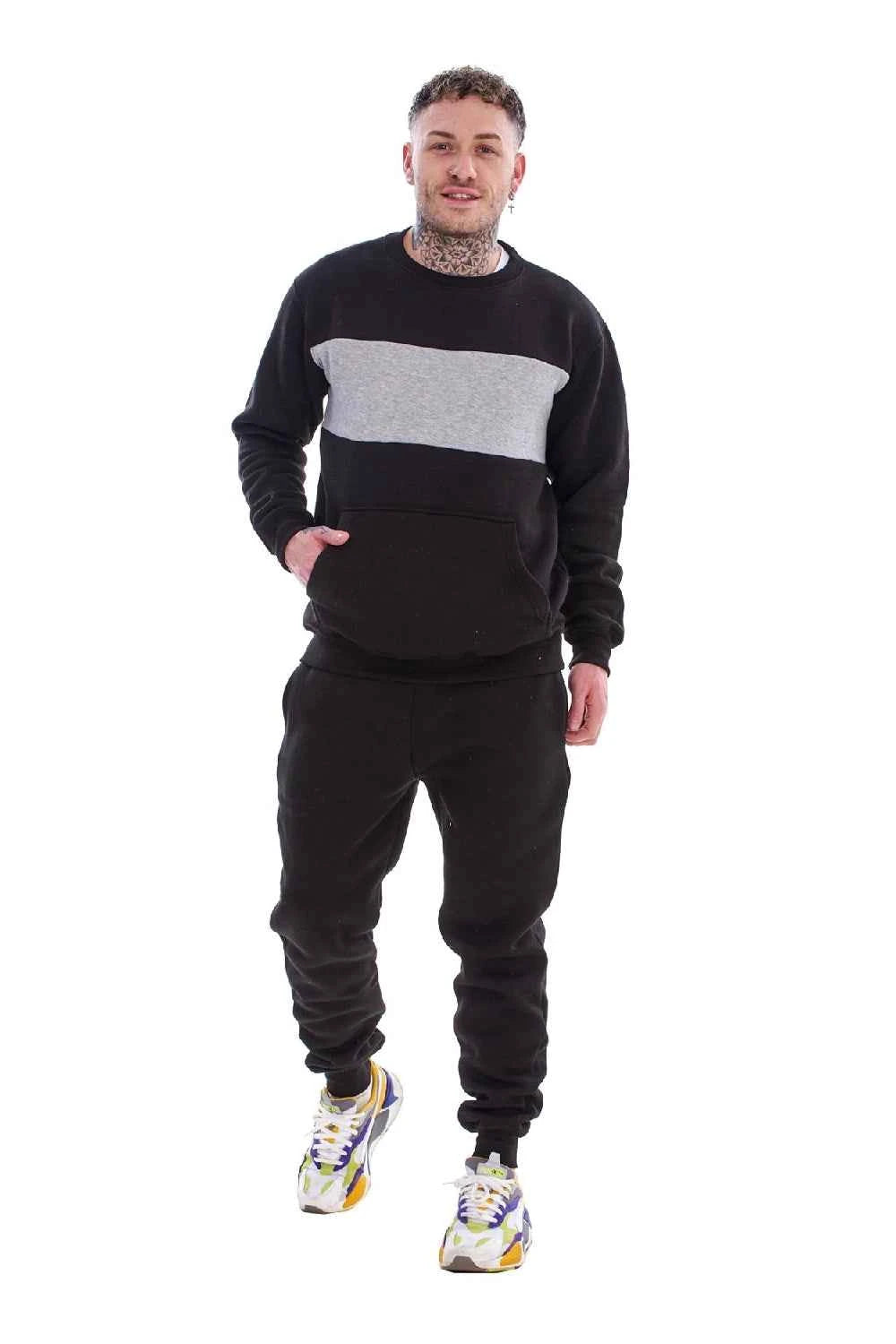 Men's Panelled Tracksuit Fleece Crew Neck Sweatshirt & Cotton Joggers