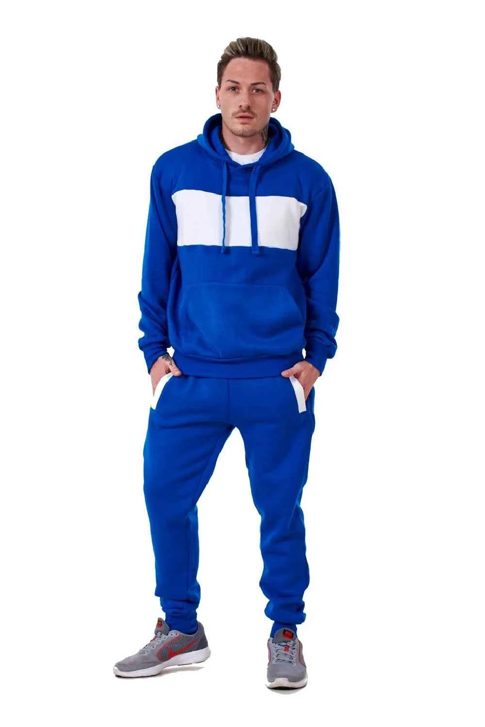 Mens Tracksuit Fleece Pullover Hooded Front Stripe