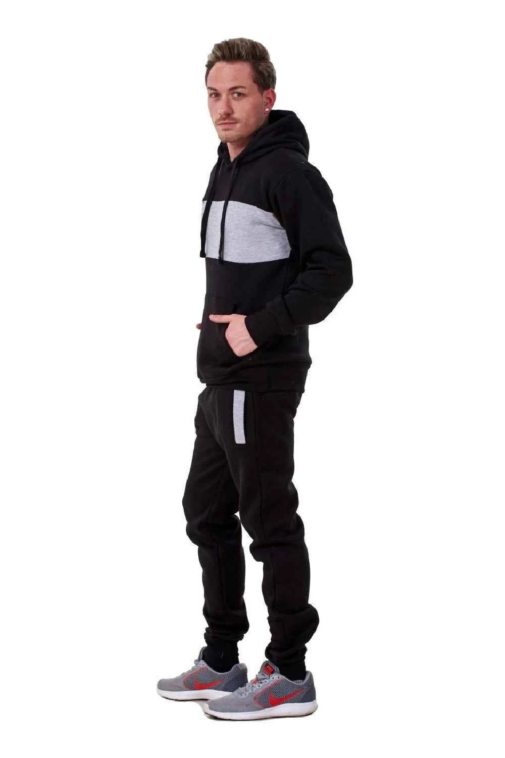 Mens Tracksuit Fleece Pullover Hooded Front Stripe