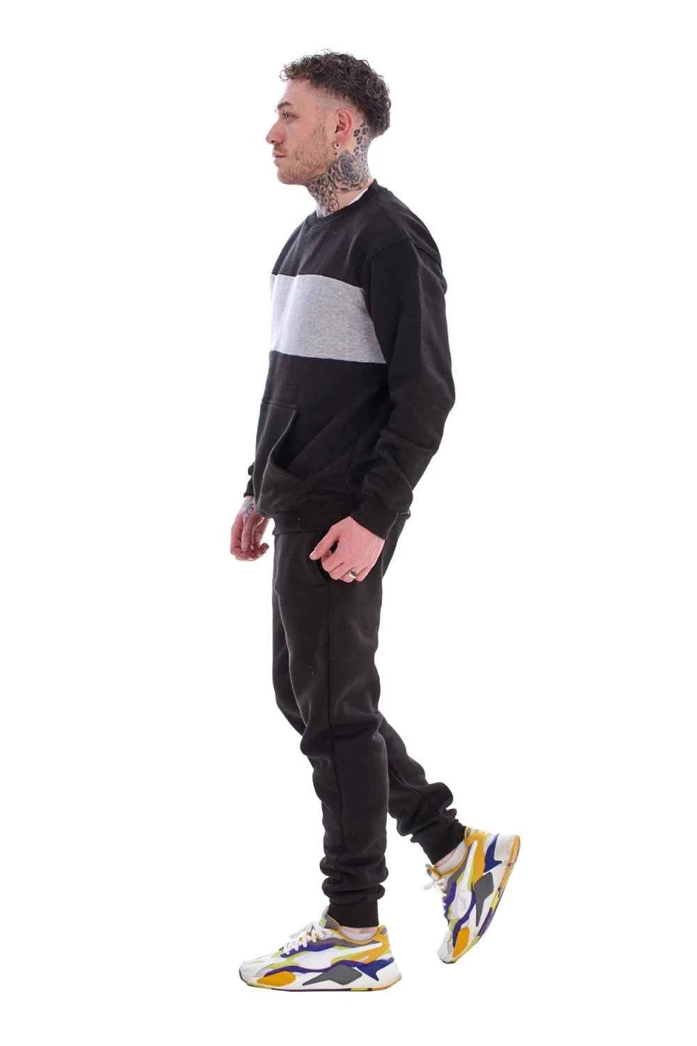 Men's Panelled Tracksuit Fleece Crew Neck Sweatshirt & Cotton Joggers