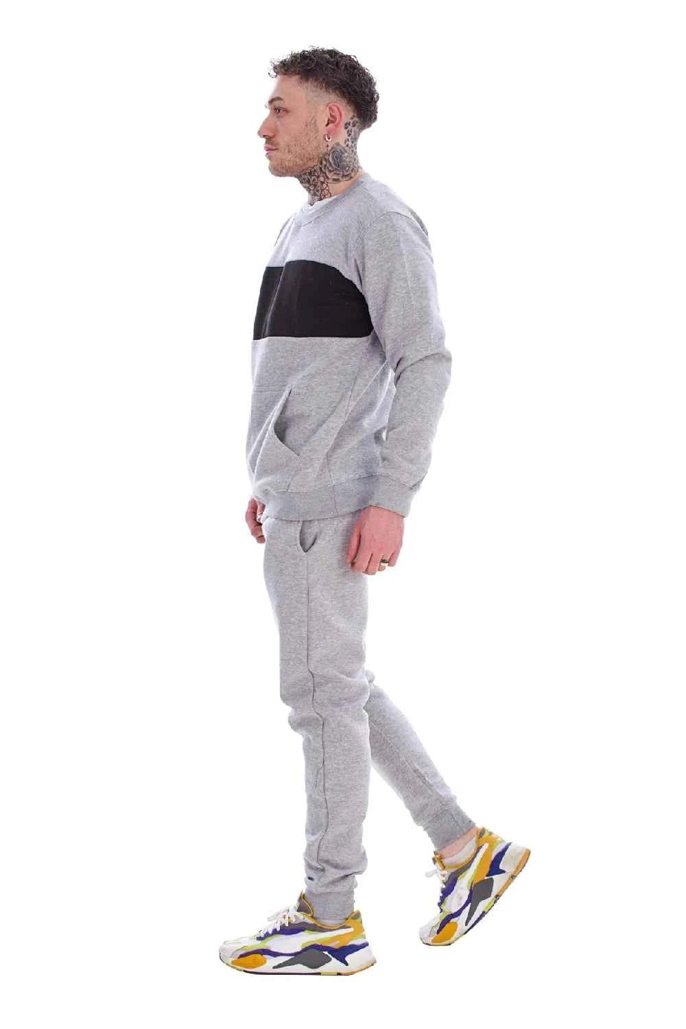 Men's Panelled Tracksuit Fleece Crew Neck Sweatshirt & Cotton Joggers