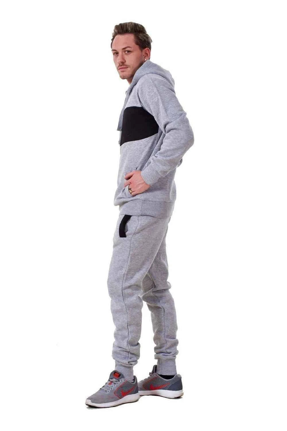 Mens Tracksuit Fleece Pullover Hooded Front Stripe