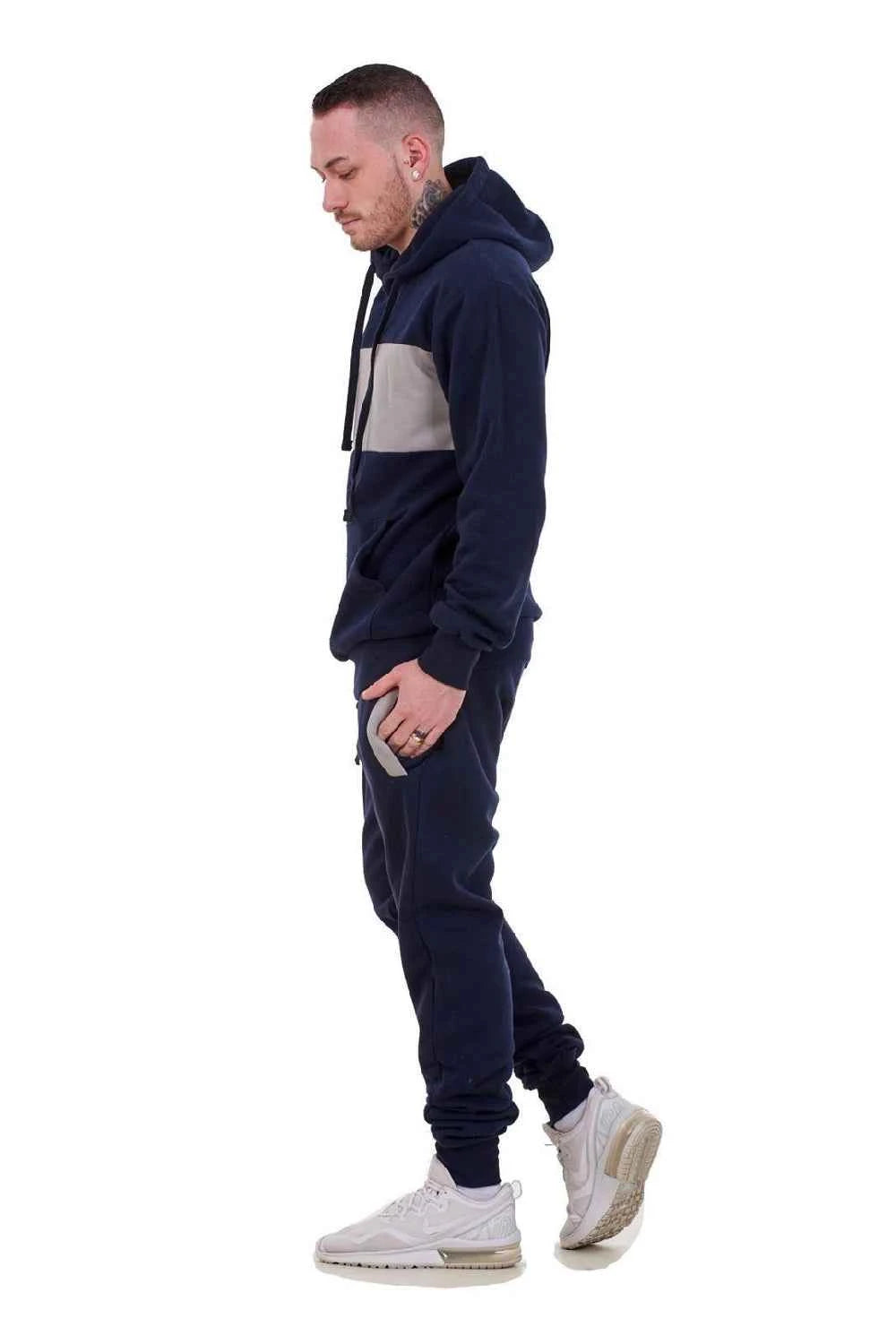 Mens Tracksuit Fleece Pullover Hooded Front Stripe