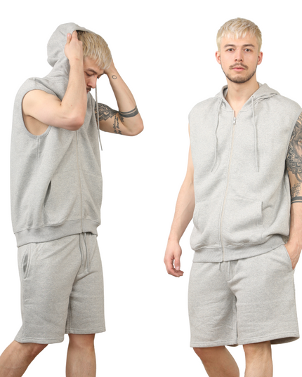 Wholesale Sleeveless Zip Up Hoodie Short Fleece Set