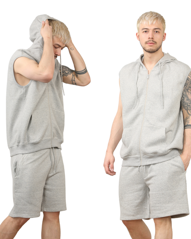 Wholesale Sleeveless Zip Up Hoodie Short Fleece Set