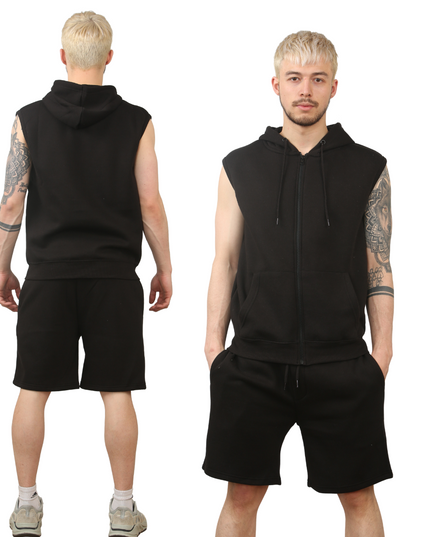Wholesale Sleeveless Zip Up Hoodie Short Fleece Set
