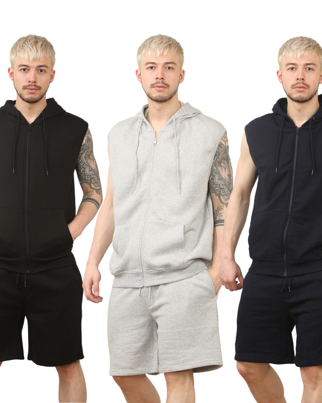 Wholesale Sleeveless Zip Up Hoodie Short Fleece Set