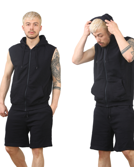 Wholesale Sleeveless Zip Up Hoodie Short Fleece Set