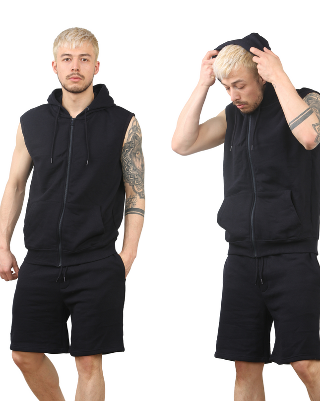 Wholesale Sleeveless Zip Up Hoodie Short Fleece Set