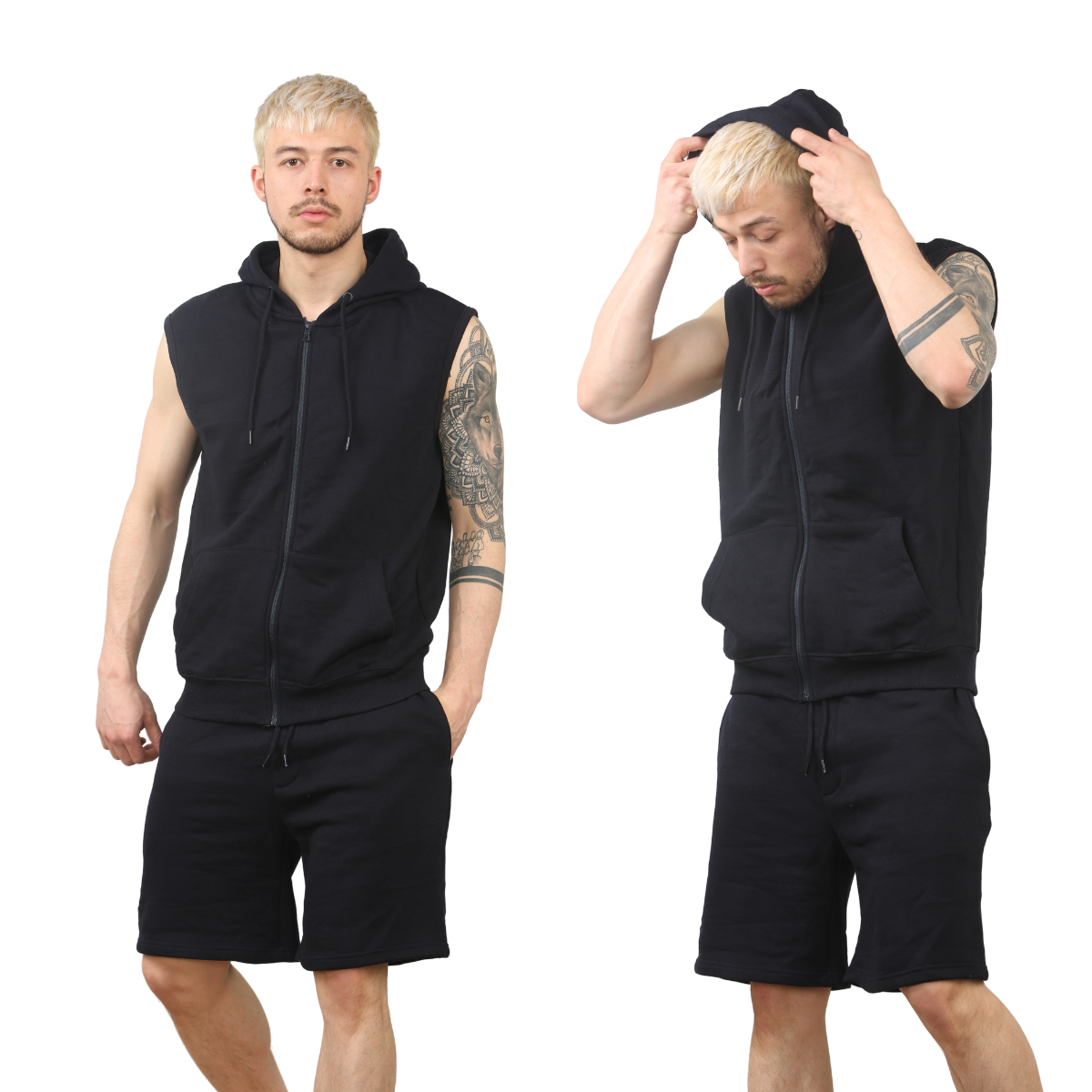 Sleeveless Zip Up Hoodie Short Fleece Set