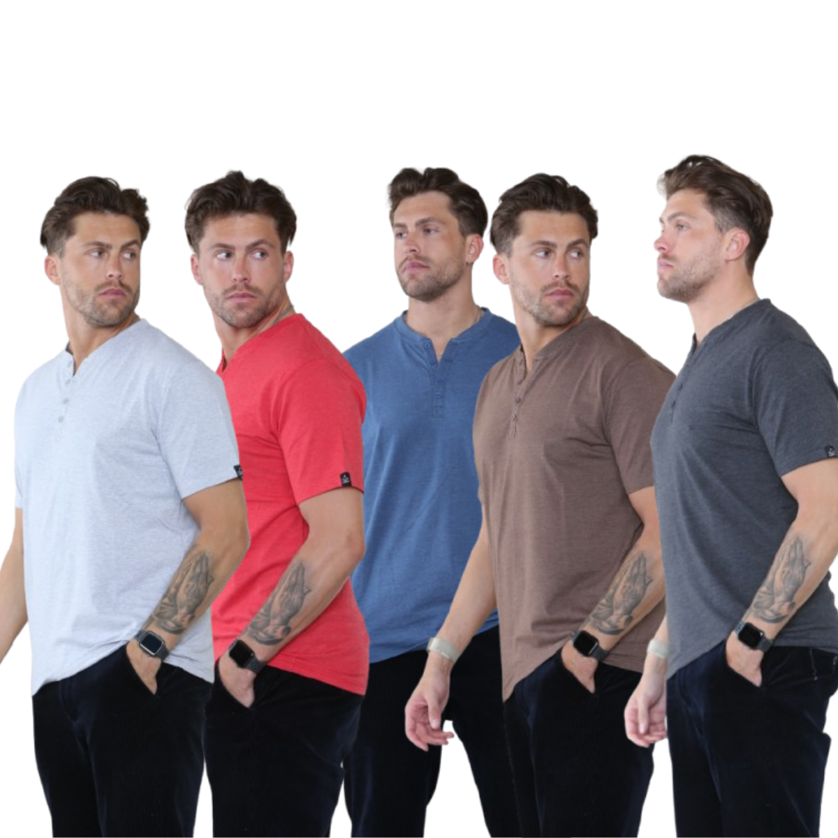 Pack of 5 Men's Henley Shirt Tee Top Plain V Neck Half Sleeves