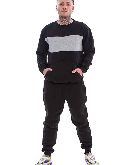 Men's Panelled Tracksuit Fleece Crew Neck Sweatshirt & Cotton Joggers