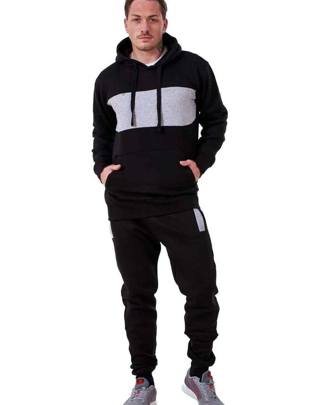 Mens Tracksuit Fleece Pullover Hooded Front Stripe