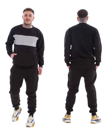 Men's Panelled Tracksuit Fleece Crew Neck Sweatshirt & Cotton Joggers