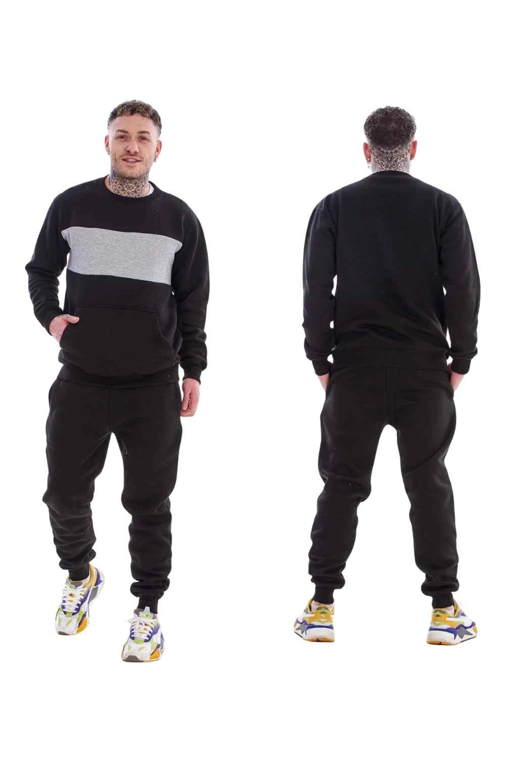 Men's Panelled Tracksuit Fleece Crew Neck Sweatshirt & Cotton Joggers