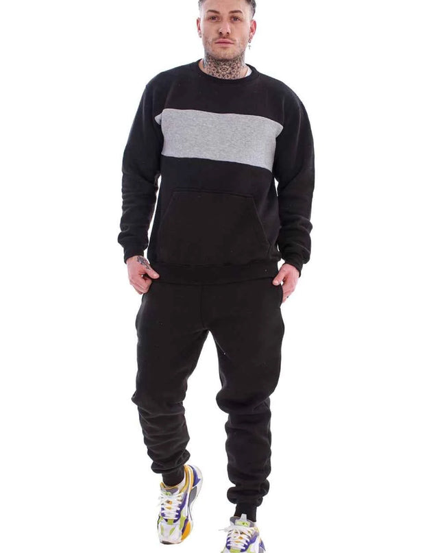 Men's Panelled Tracksuit Fleece Crew Neck Sweatshirt & Cotton Joggers
