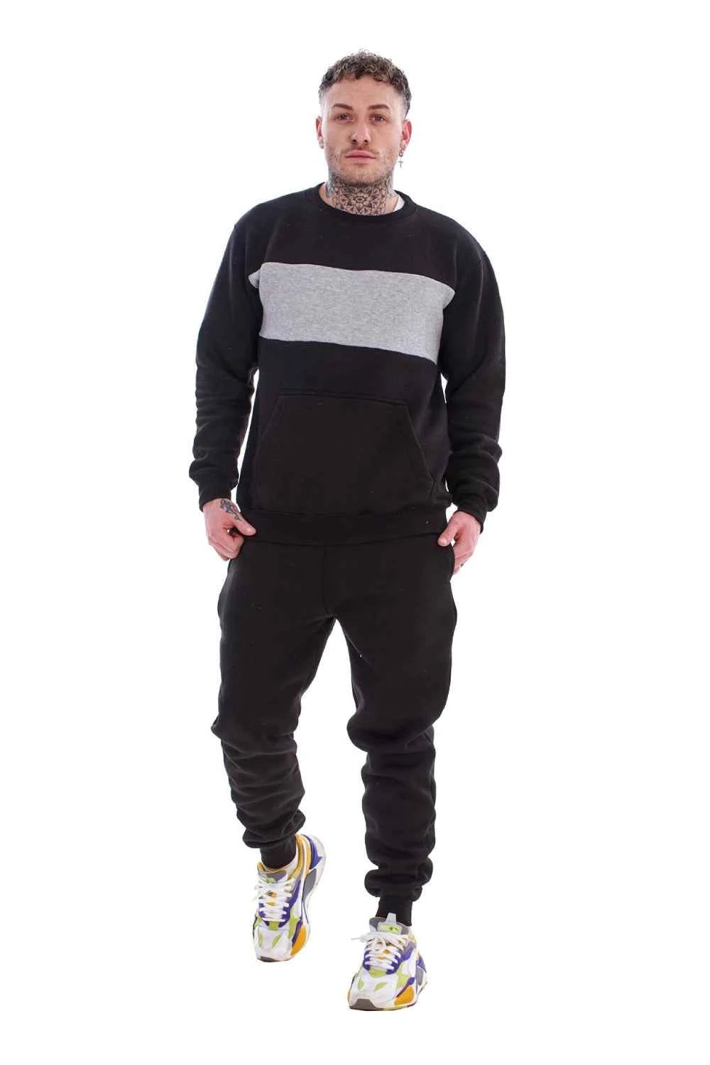 Men's Panelled Tracksuit Fleece Crew Neck Sweatshirt & Cotton Joggers
