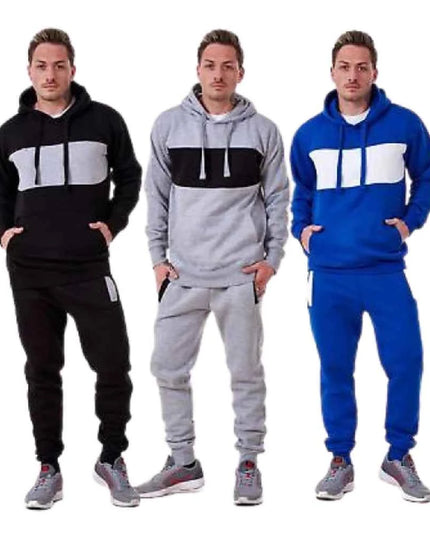 Mens Tracksuit Fleece Pullover Hooded Front Stripe