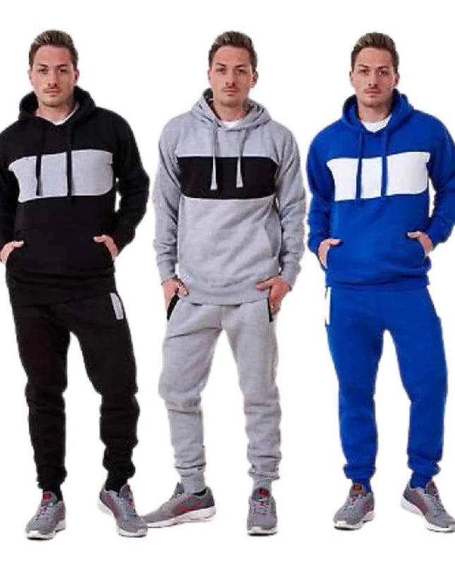 Mens Tracksuit Fleece Pullover Hooded Front Stripe
