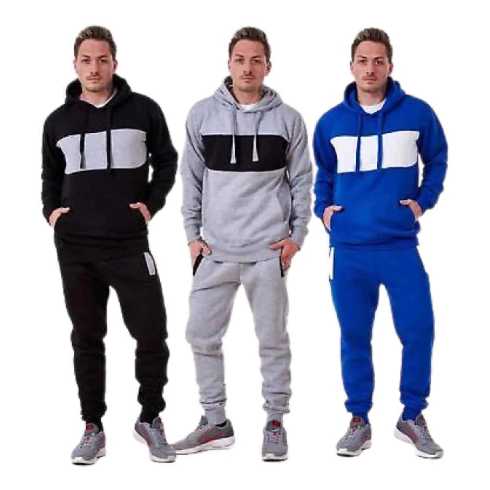 Mens Tracksuit Fleece Pullover Hooded Front Stripe