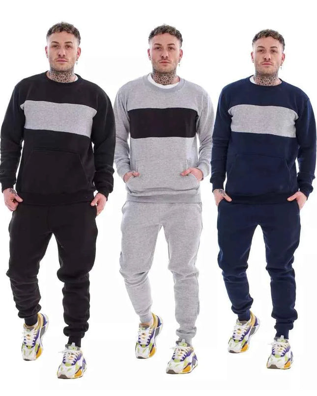 Men's Panelled Tracksuit Fleece Crew Neck Sweatshirt & Cotton Joggers
