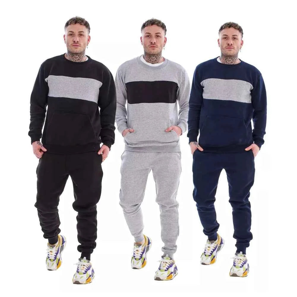 Men's Panelled Tracksuit Fleece Crew Neck Sweatshirt & Cotton Joggers
