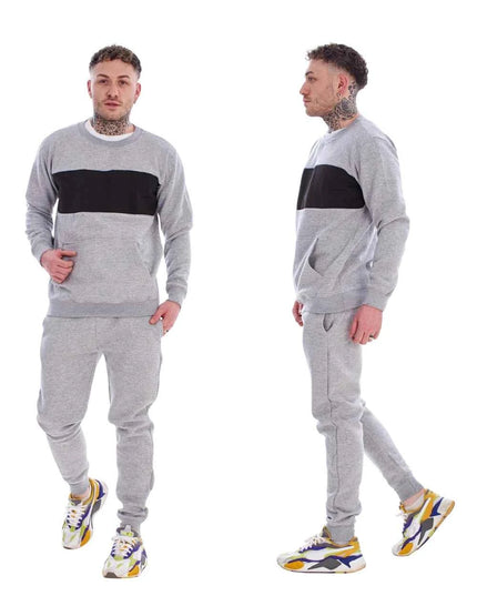 Men's Panelled Tracksuit Fleece Crew Neck Sweatshirt & Cotton Joggers