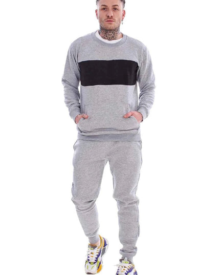 Men's Panelled Tracksuit Fleece Crew Neck Sweatshirt & Cotton Joggers