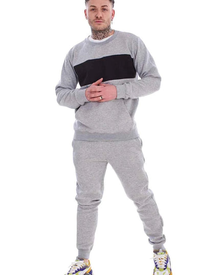 Men's Panelled Tracksuit Fleece Crew Neck Sweatshirt & Cotton Joggers