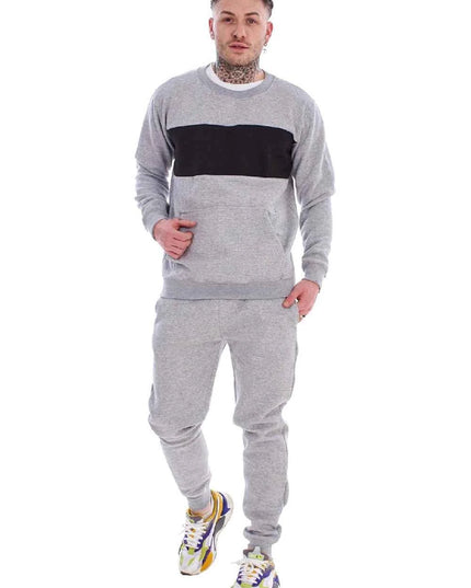 Men's Panelled Tracksuit Fleece Crew Neck Sweatshirt & Cotton Joggers