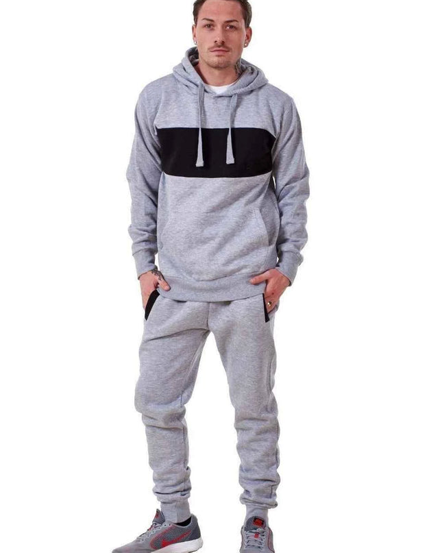 Mens Tracksuit Fleece Pullover Hooded Front Stripe