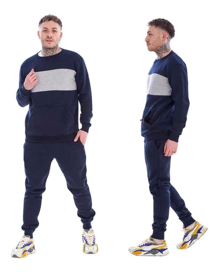Men's Panelled Tracksuit Fleece Crew Neck Sweatshirt & Cotton Joggers