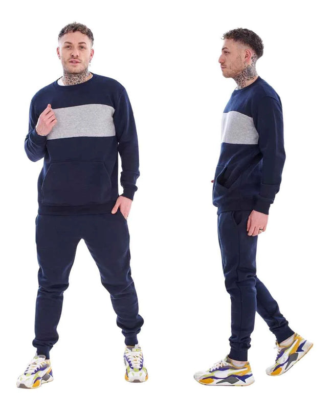Men's Panelled Tracksuit Fleece Crew Neck Sweatshirt & Cotton Joggers